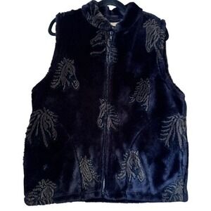 VTG Andrea Faye Horse Head Faux Fur Vest‎ - Black/Charcoal - Western Boho